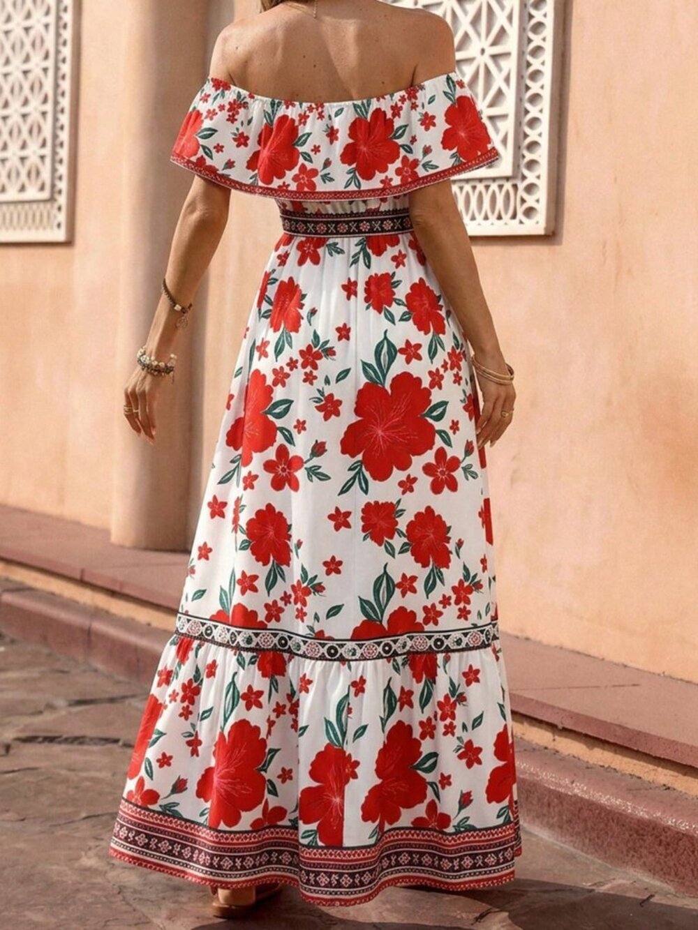 Multicolor Casual Women's Ruffle Neck Maxi Dress with Cinched Waist A-Line - Picture 2 of 6